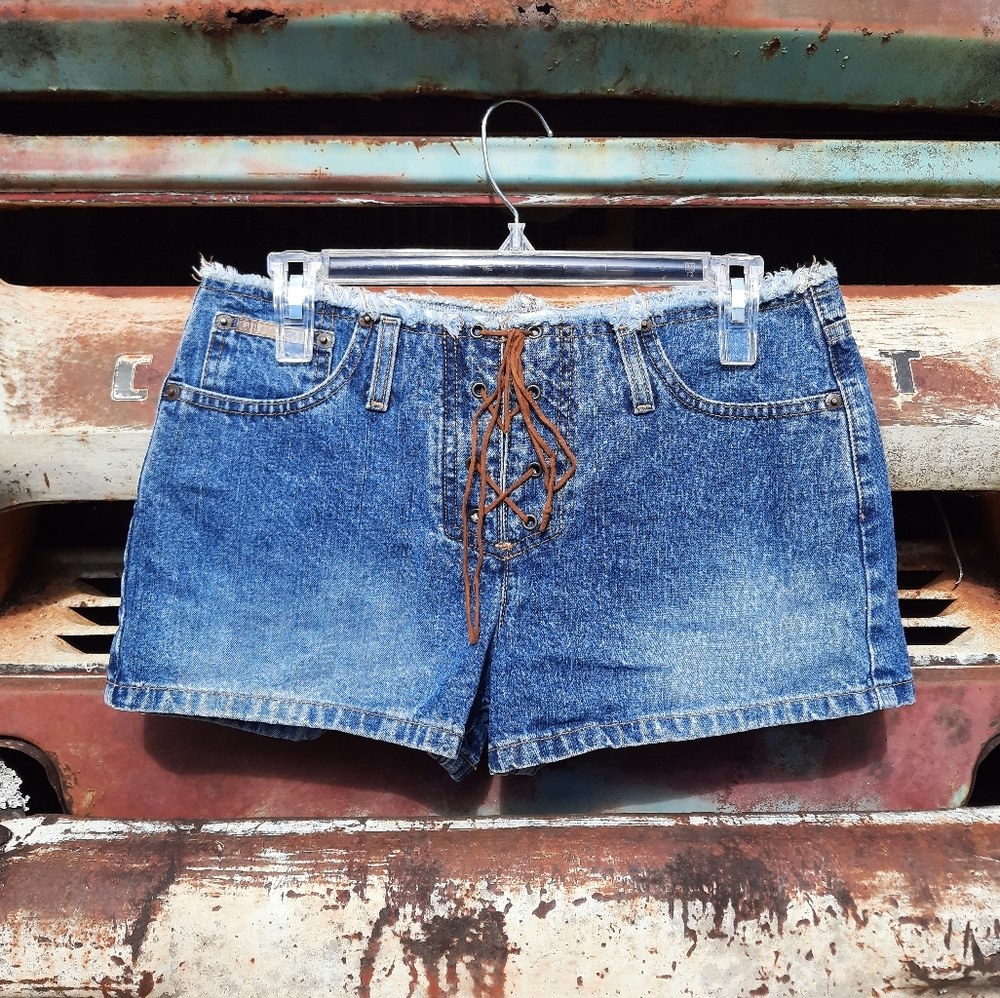 VINTAGE Denim Leather Lace Up Lei Shorts